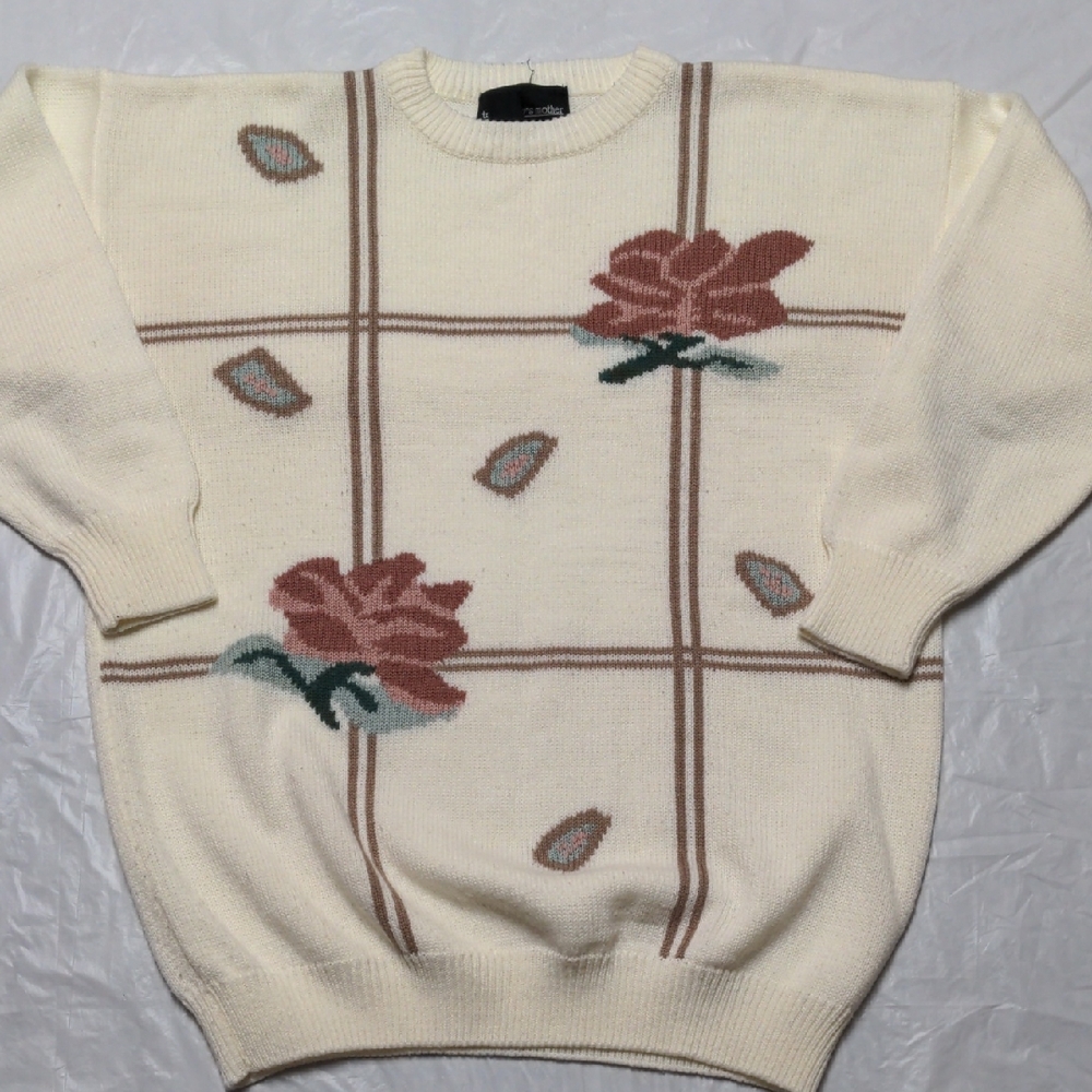 Vintage 90s Cottagecore Pink Rose Print Crewneck Sweater Size Large